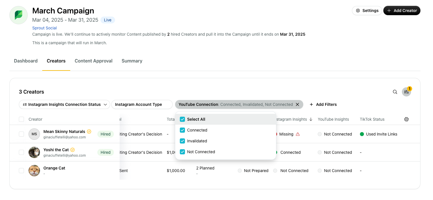 A screenshot of connections for a March influencer campaign