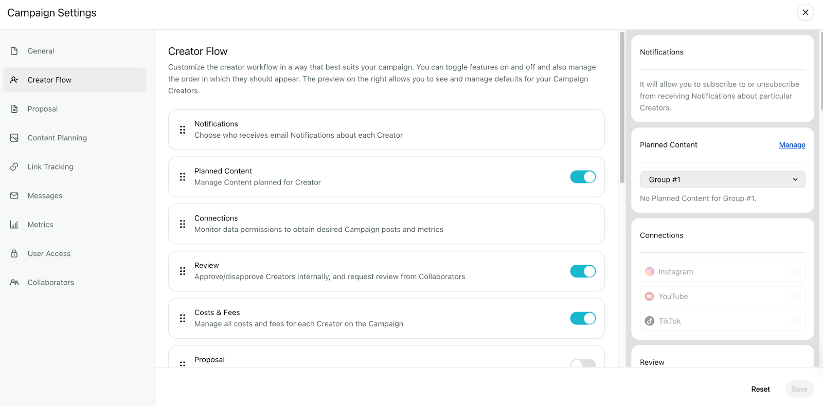 Creator Flow workflow settings within Sprout Influencer Marketing, showing different features toggled on and off
